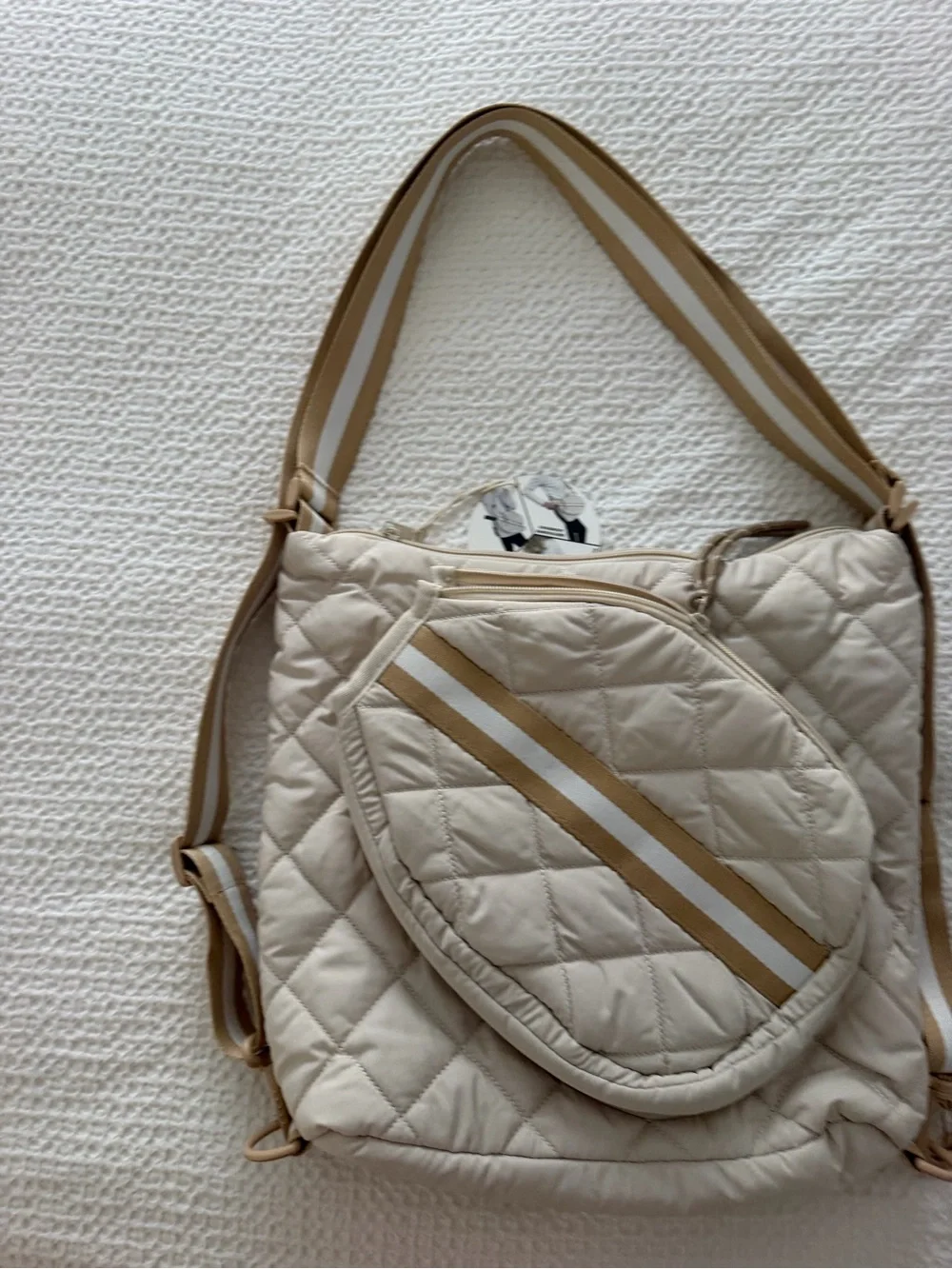 NWT Mine Women’s Quilted Cream Pickleball  Bag with Tan Stripe 3 in 1